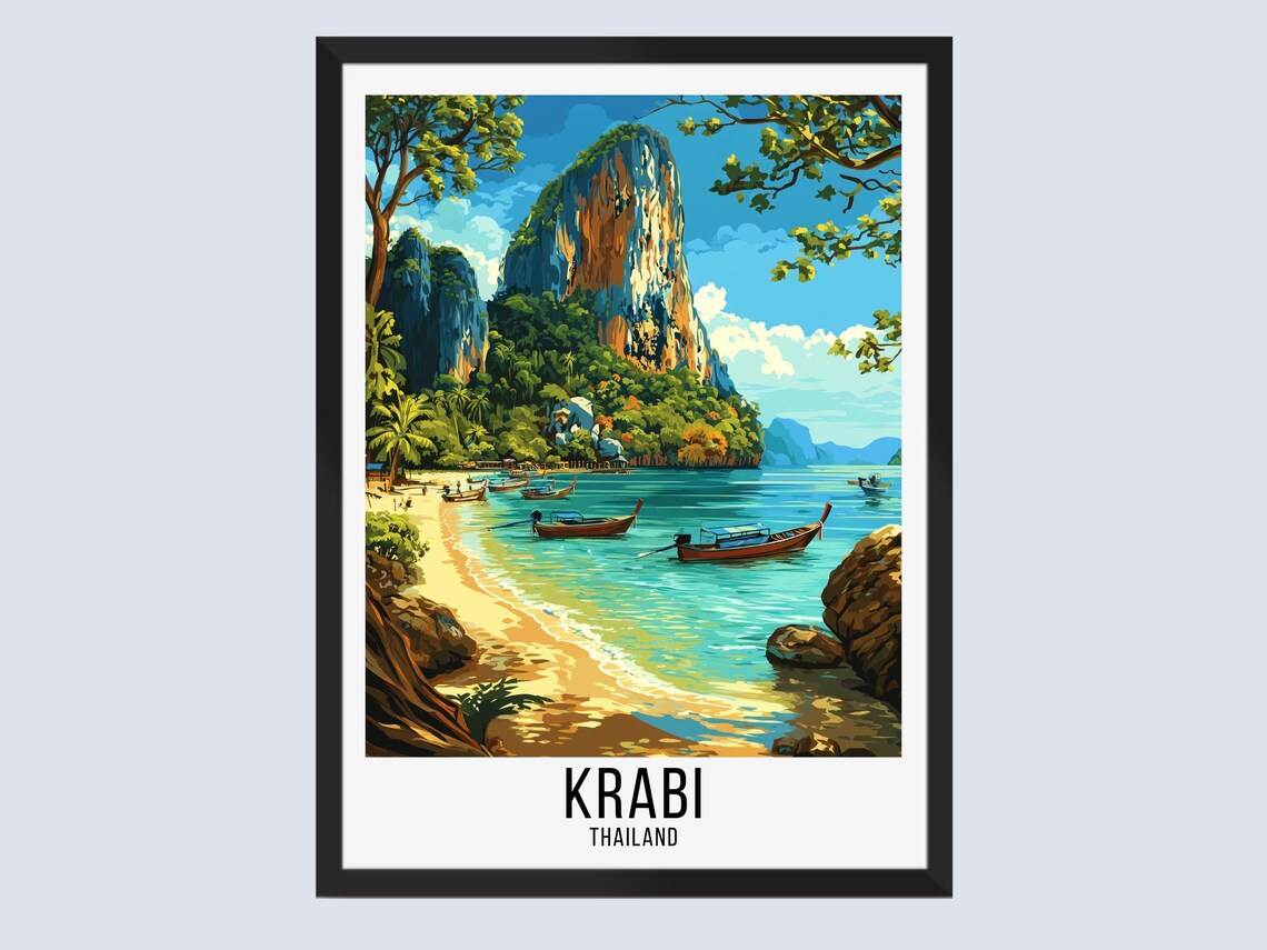 Krabi Thailand Limestone Cliffs Longtail Boats Vintage Travel Poster