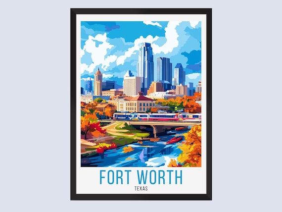 Fort Worth Texas Skyline River Bridge Retro Travel Poster Downtown Art