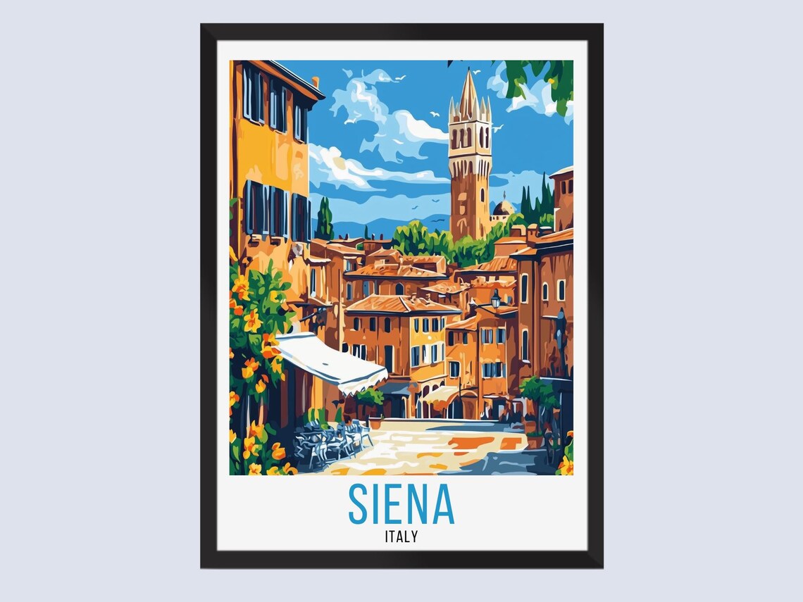 Siena Italy Sunlit Tuscan Piazza Tower Street Vintage Travel Poster