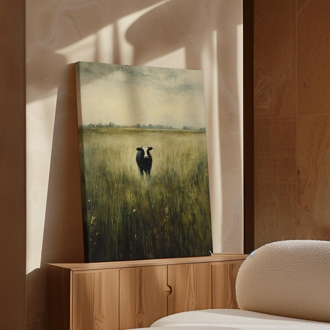 Black Cow Standing Alone in Tall Meadow Grass Moody Farmhouse Poster