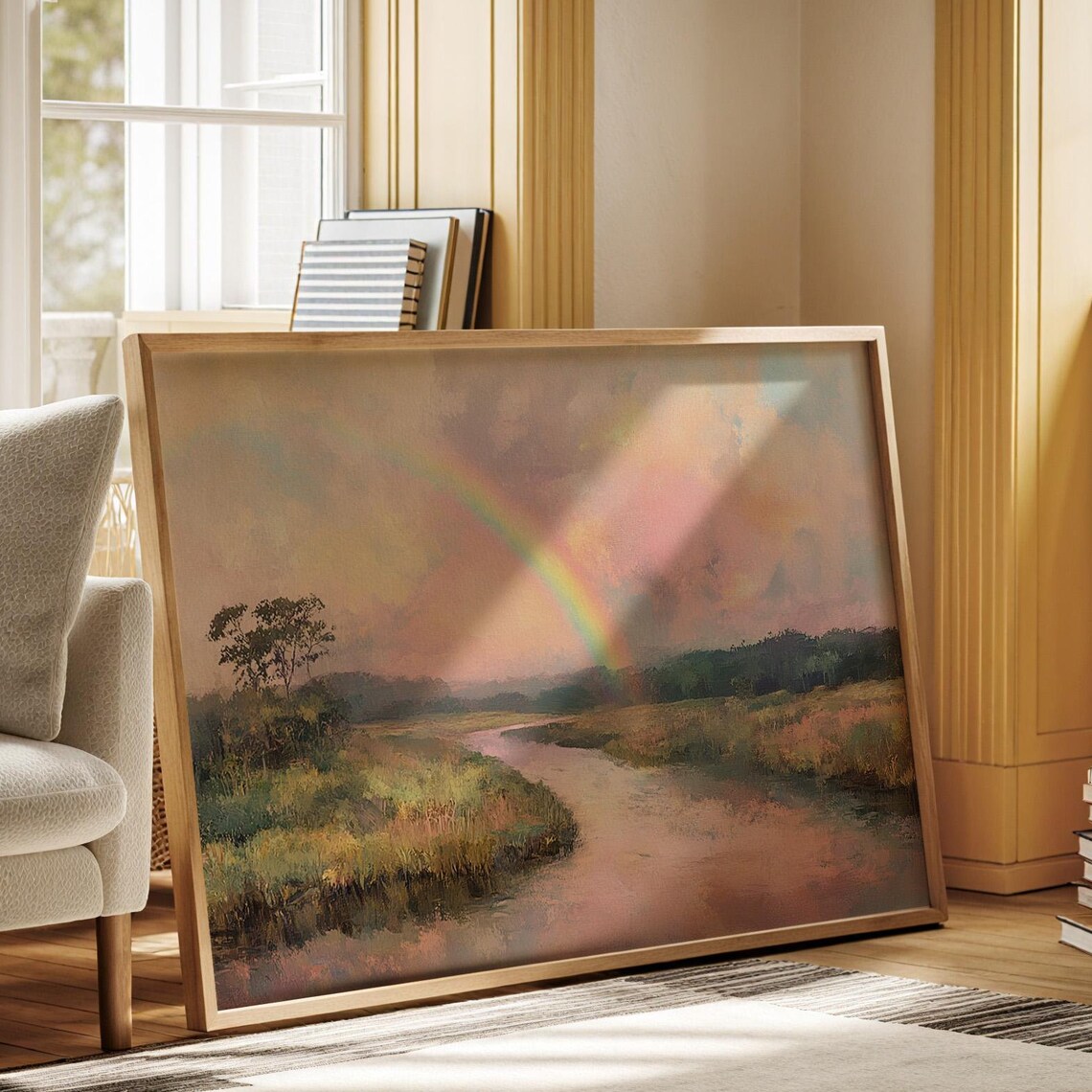 Rainbow Over Tranquil River, Serene Landscape Art