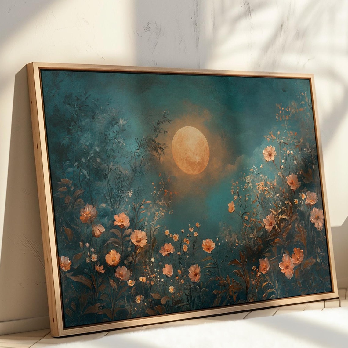 Enchanted Moonlit Garden With Golden Full Moon And Florals Poster