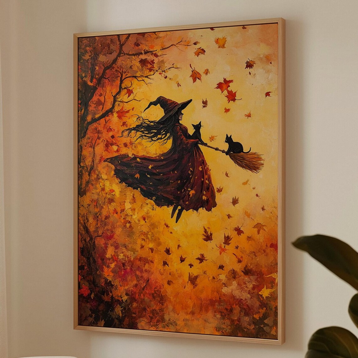 Autumn Witch With Cats On Broomstick, Halloween Decor