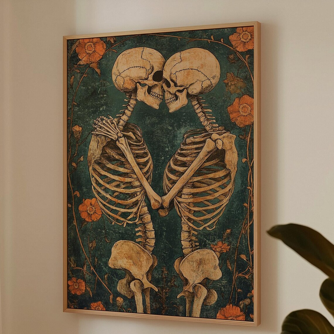 Romantic Skeleton Couple, Whimsical Floral Design