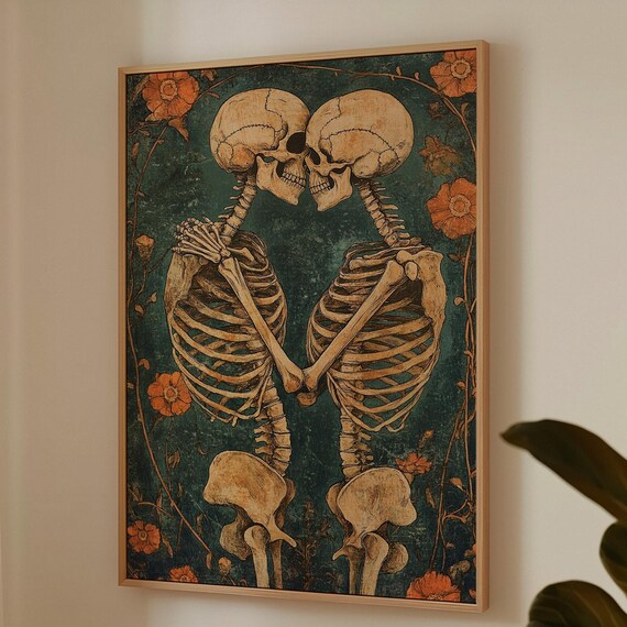 Romantic Skeleton Couple, Whimsical Floral Design