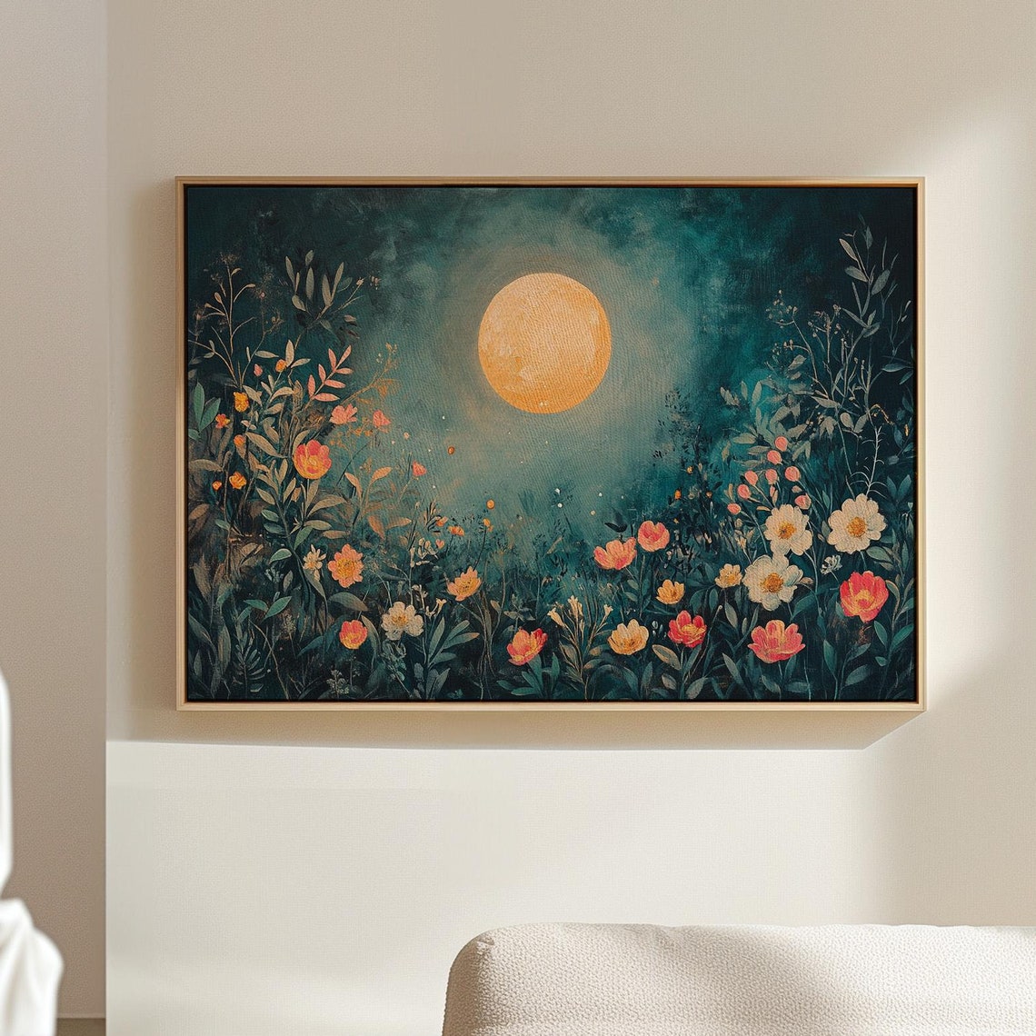 Moonlit Floral Garden With Glowing Golden Moon Teal Night Poster