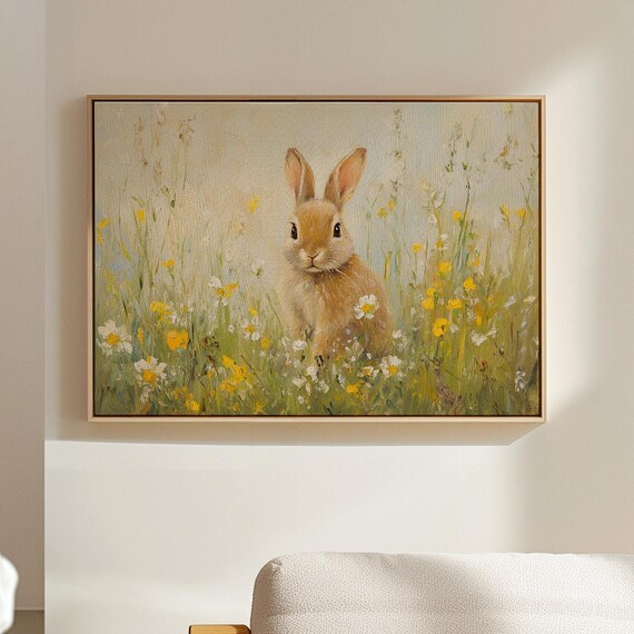 Charming Bunny Rabbit in Wildflower Meadow Vintage Spring Poster