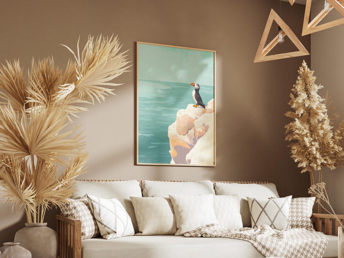 Puffin Looking Out to Sea from a White Cliff Edge Art Poster - Image 3
