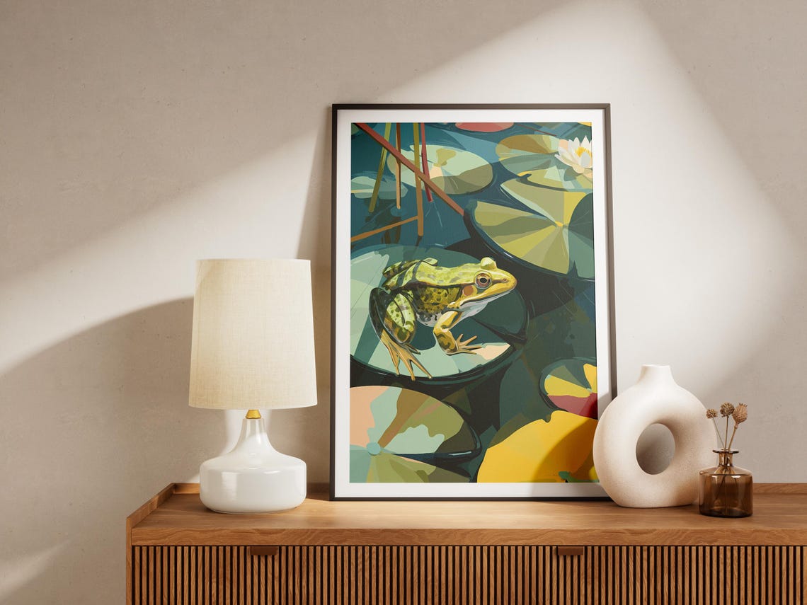 Green Frog Sitting On Lily Pad Pond Botanical Illustration Poster - Image 4