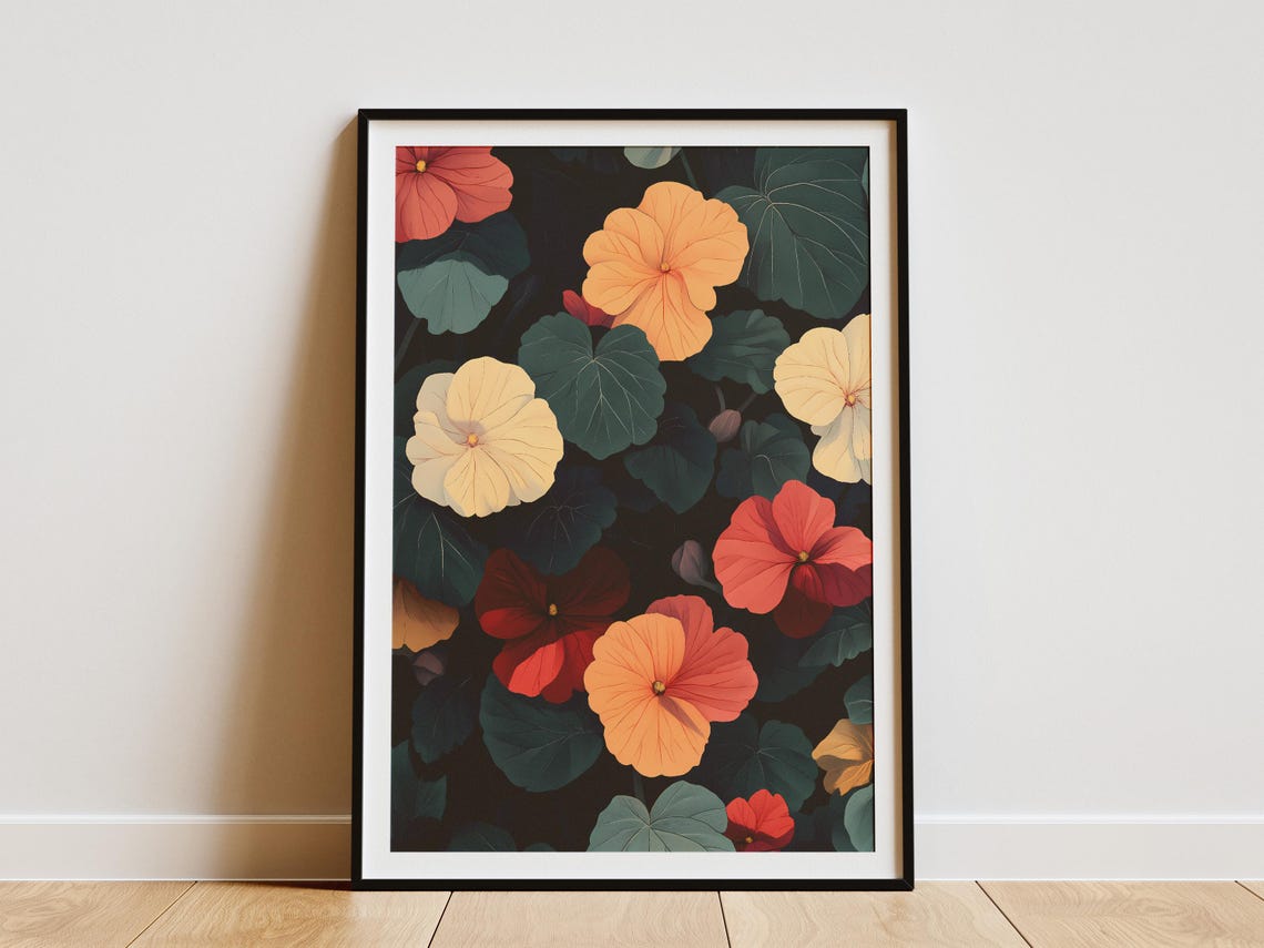 Midnight Nasturtium Garden Blooms Dark Moody Floral Art Poster