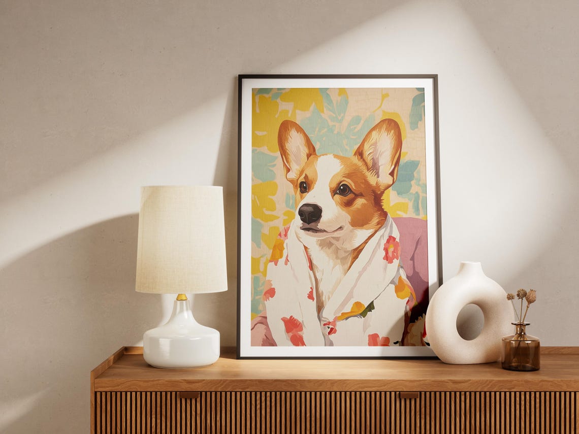 Corgi Dog In Floral Bathrobe Poster Cute Funny Pet Art For Home Decor - Image 4