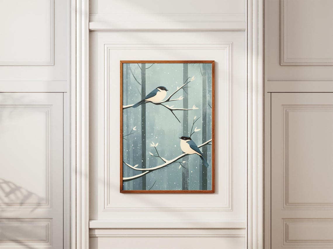 Two Blue Birds Perched on Frosty Branches in Falling Snow Poster - Image 2