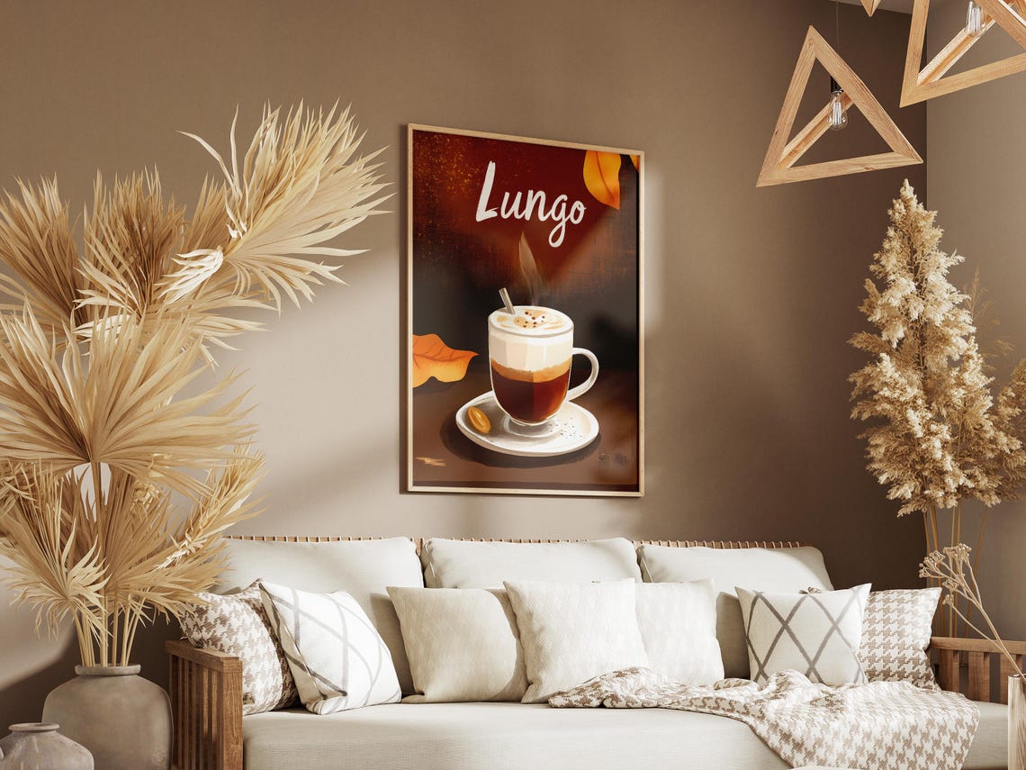 Lungo Coffee Steaming Cup Autumn Leaves Dark Cafe Art Poster - Image 3