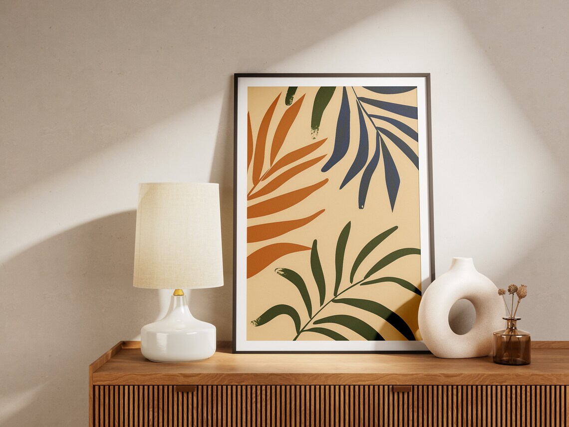 Minimalist Palm Leaf Poster Abstract Botanical Art Print Green Blue Orange Wall Decor Midcentury Modern - Image 2