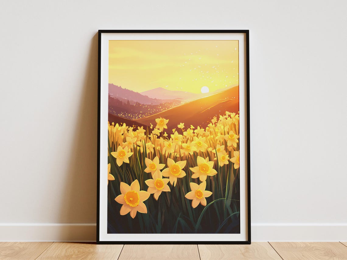 Golden Daffodil Hillside Sunrise Spring Meadow Landscape Poster