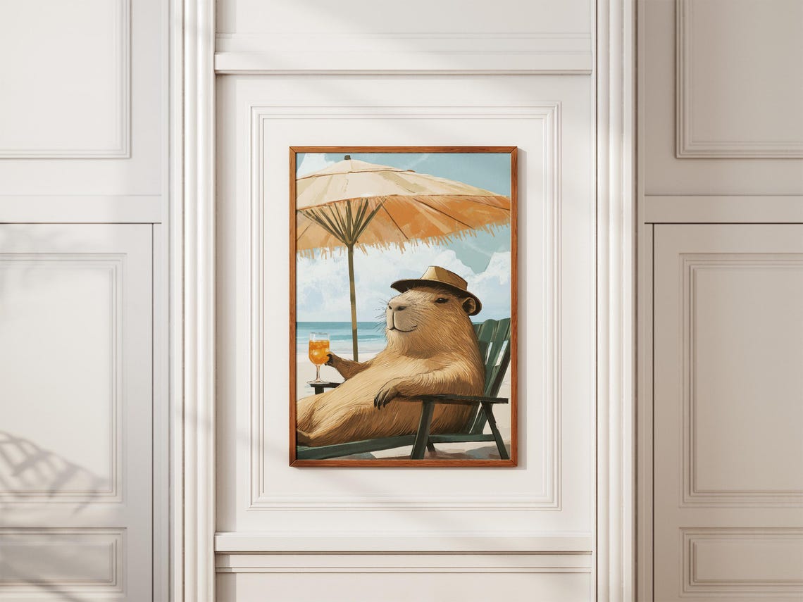 Capybara Relaxing in Beach Chair with Cocktail Funny Art Poster - Image 2
