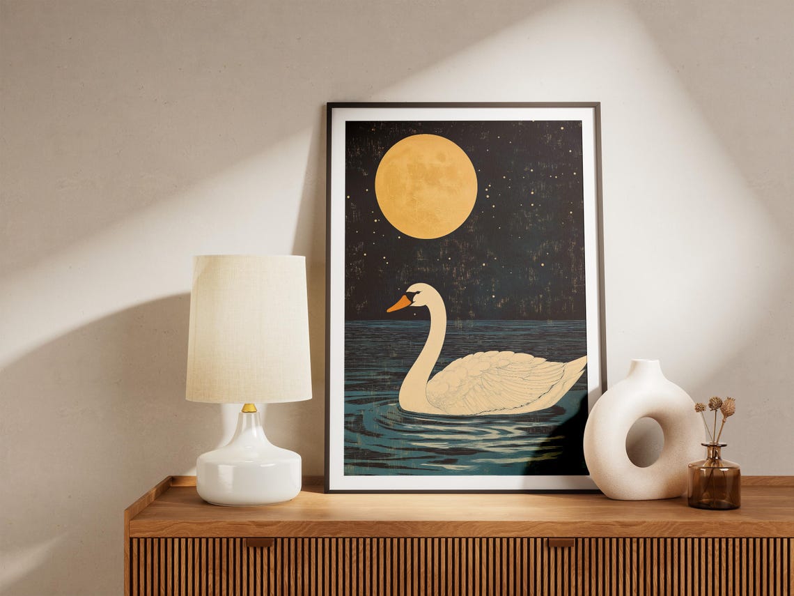 White Swan Swimming Under Golden Full Moon Starry Night Poster - Image 5