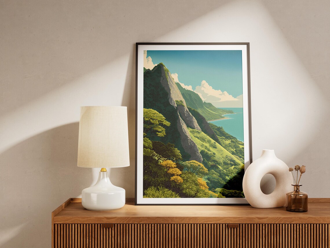 Pali Lookout Hawaii Green Cliff Coastline Vintage Travel Art Poster - Image 4
