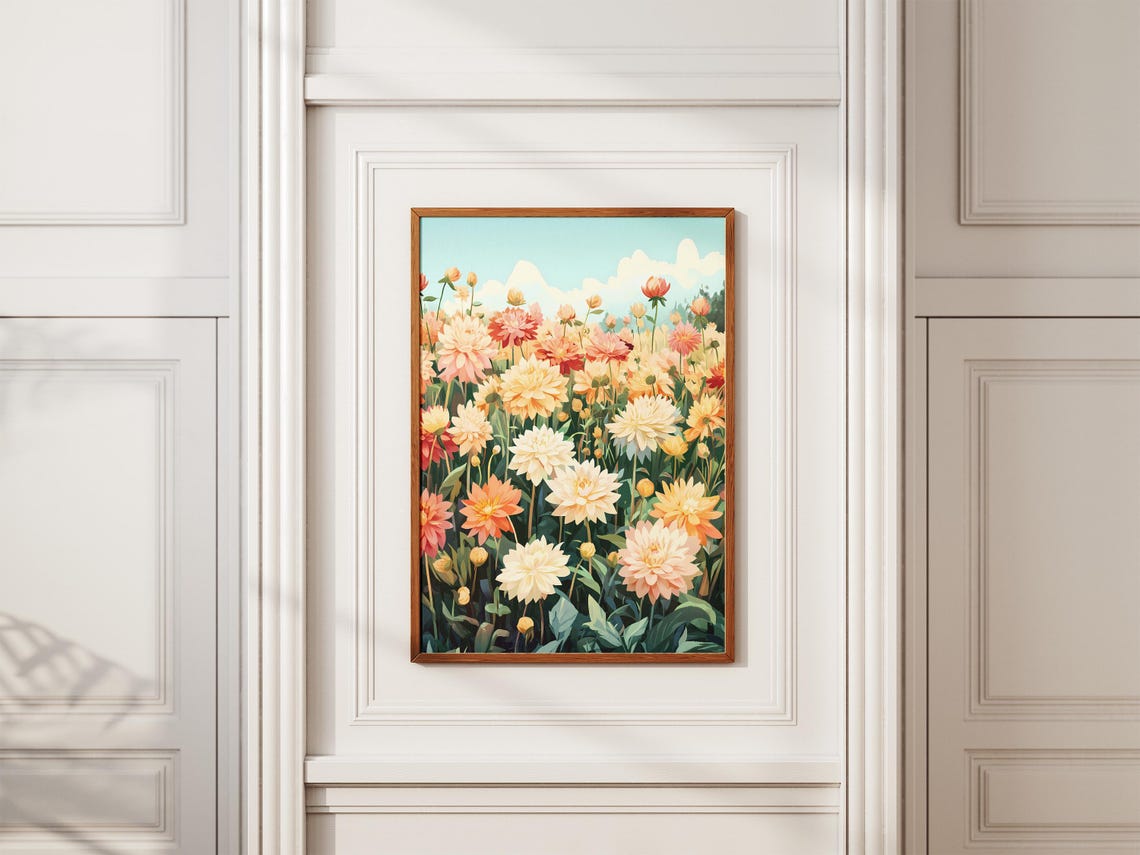 Peach Cream Dahlia Flower Field Under Soft Blue Summer Sky Poster - Image 2