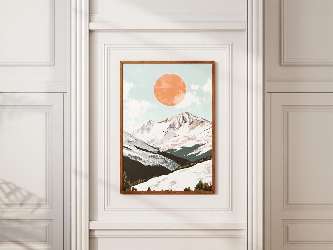 Minimalist Snowy Mountain Range With Orange Sun Landscape Poster - Image 2