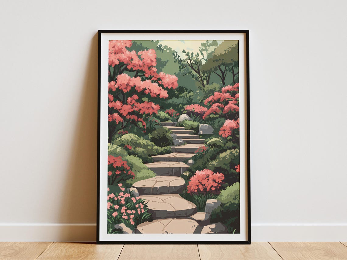 Stone Steps Japanese Garden Azalea Bloom Serene Landscape Poster
