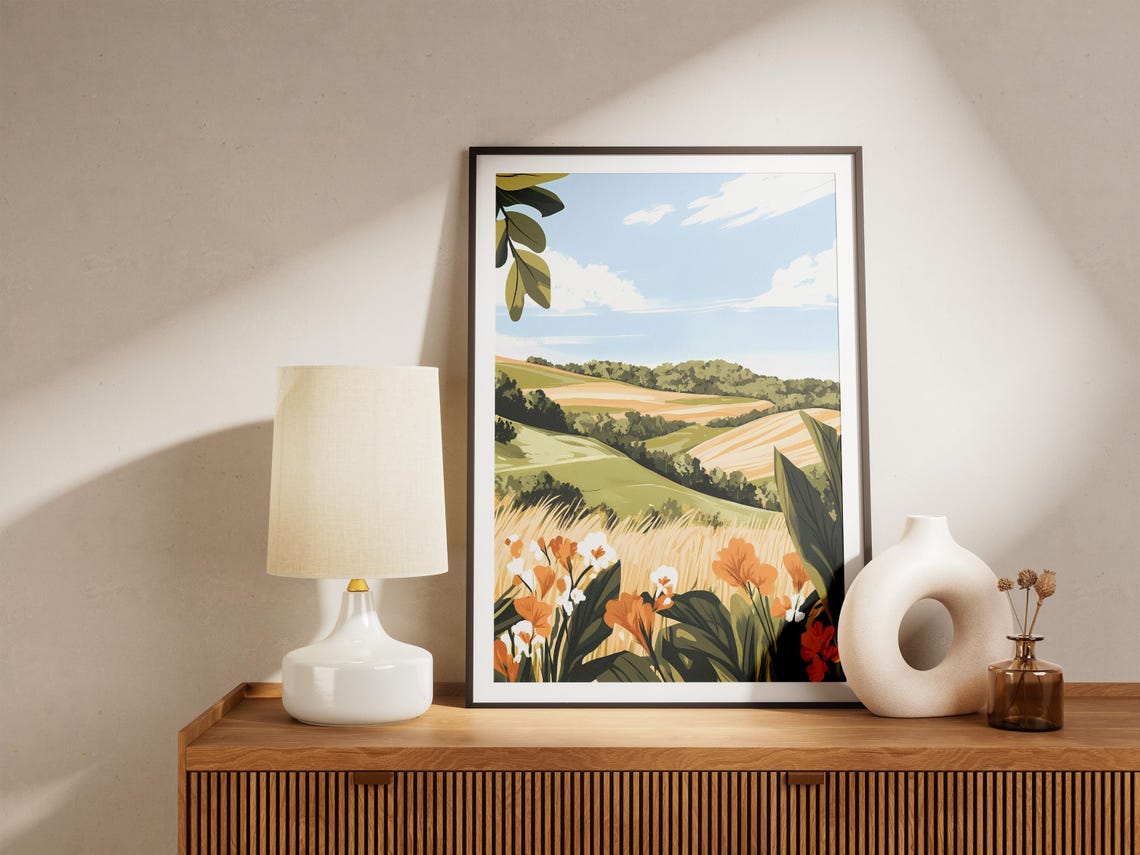 Green Valley Hills With Orange Wildflowers Spring Scene Poster - Image 5