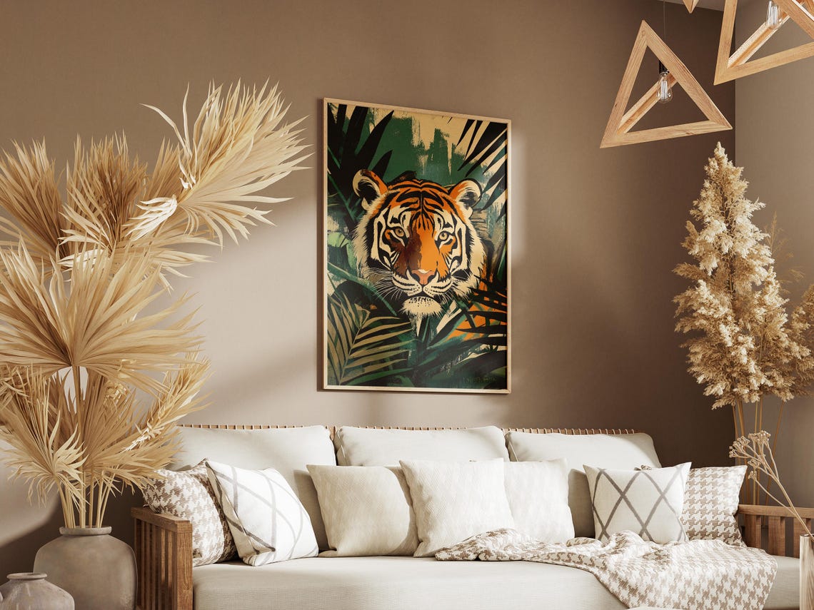 Tiger Face Emerging From Lush Jungle Leaves Retro Style Poster - Image 3