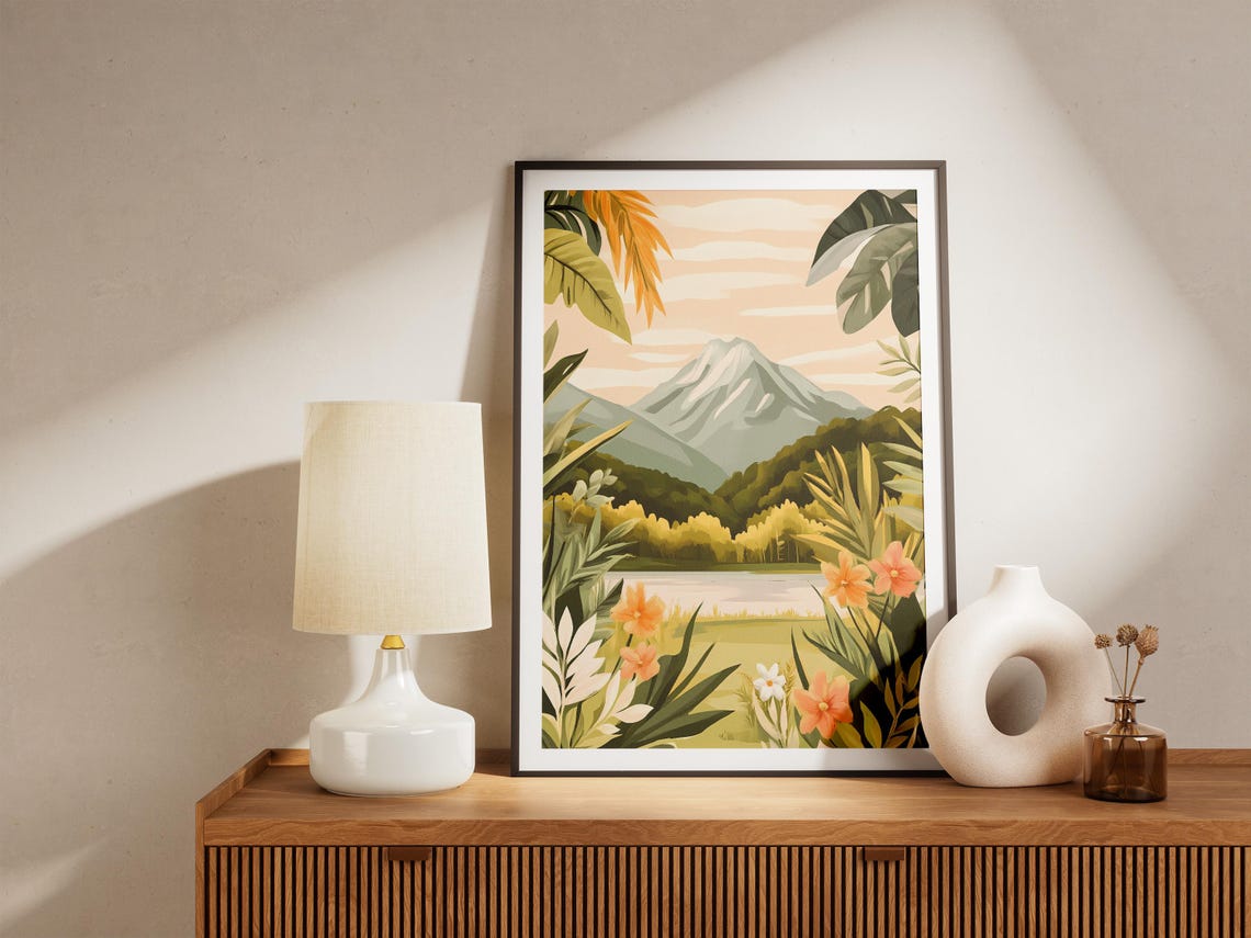 Snowy Mountain Peak Surrounded By Tropical Bloom Garden Poster - Image 5