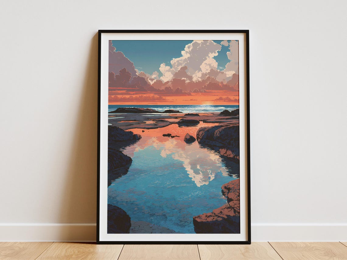 Sunset Over Rocky Tide Pool Ocean Reflections Coastal Scene Art Poster