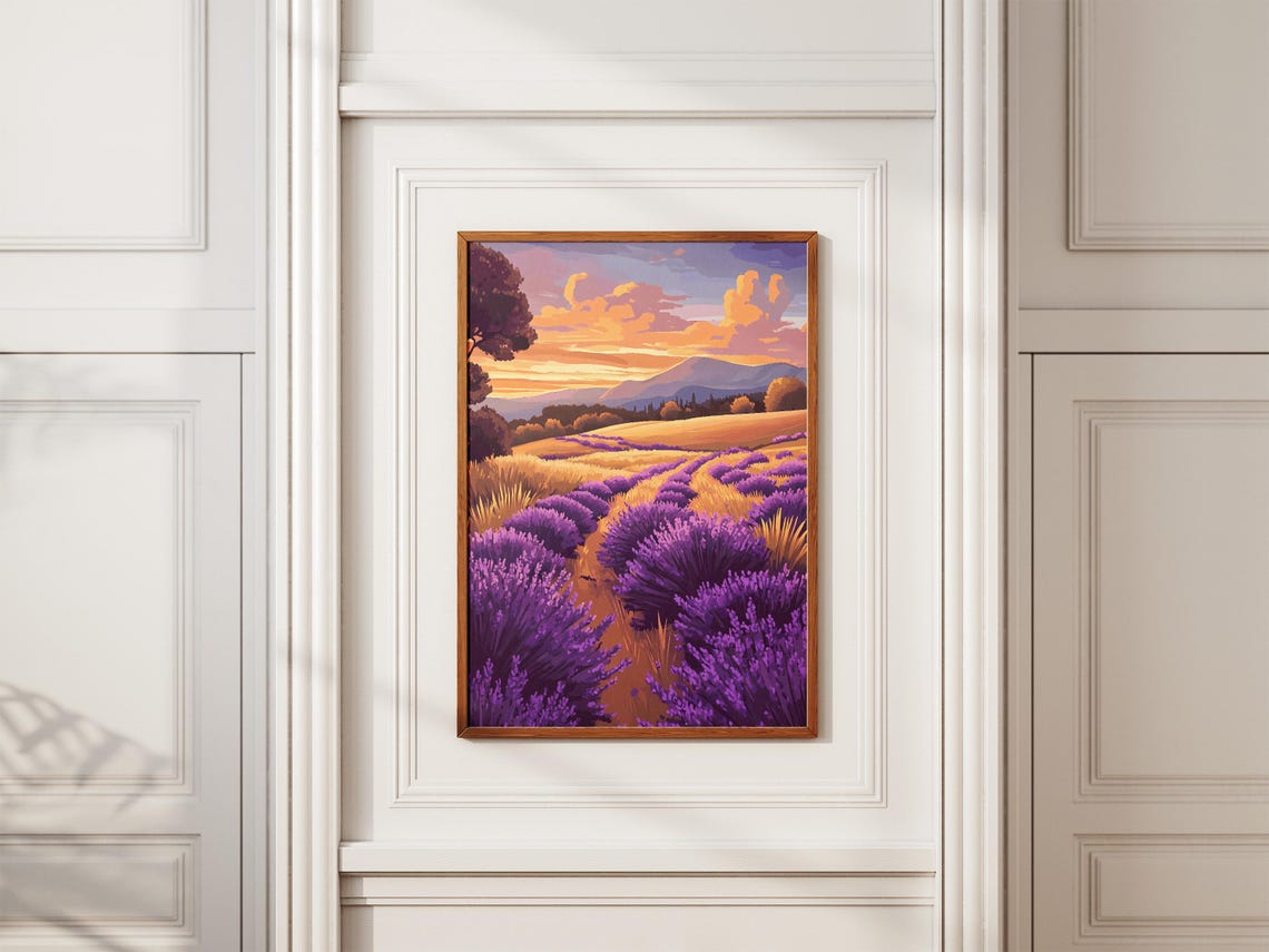 Lavender Fields At Sunset Golden Sky Provence Landscape Poster - Image 2