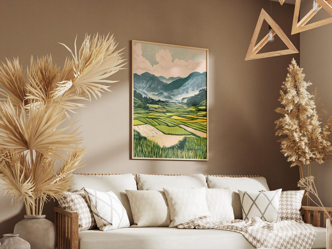 Rice Terraces Valley Pink Clouds Japanese Landscape Art Poster - Image 3