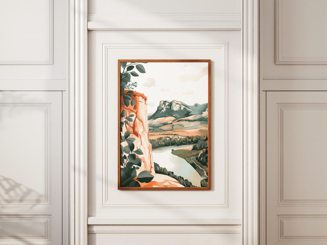Cliff Top View Over River Valley Toward Distant Mountain Peaks Poster - Image 2