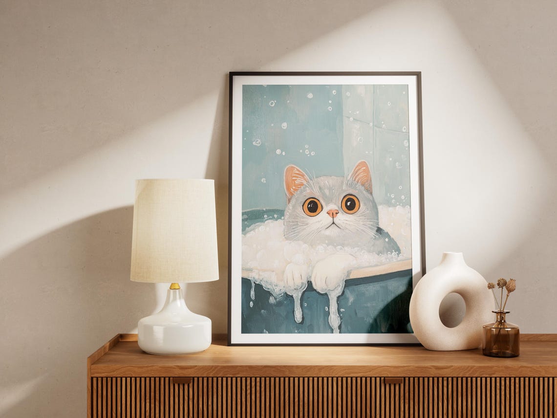 White Kitten in Bubble Bath Big Amber Eyes Cute Cat Art Poster - Image 4