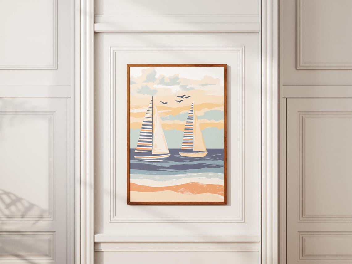 Two Sailboats with Striped Sails on Pastel Seas Watercolor Poster - Image 2