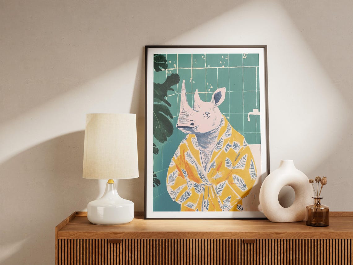 Elegant Rhino In Yellow Leaf Bathrobe Whimsical Bathroom Poster - Image 5