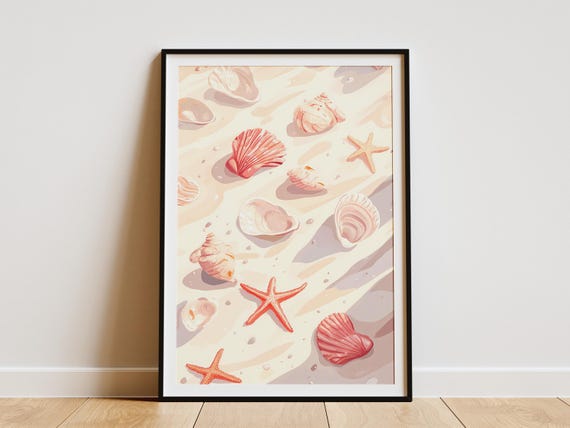 Beach Shell Starfish Summer Ocean Coastal Wall Art Print Decor Poster Home Decor Sea Life Seashell Starfish Sandy Beach Pastel Pink