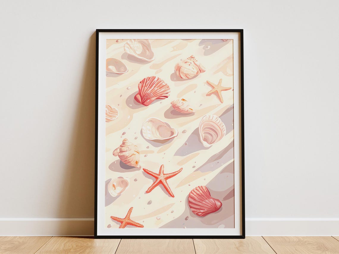 Pastel Pink Seashells And Starfish On Sandy Beach Shore Poster