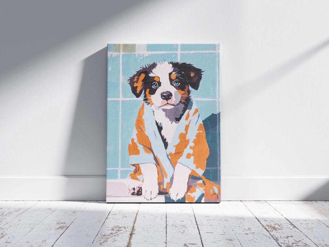 Australian Shepherd Puppy in Orange Bathrobe Cute Bath Poster - Image 2