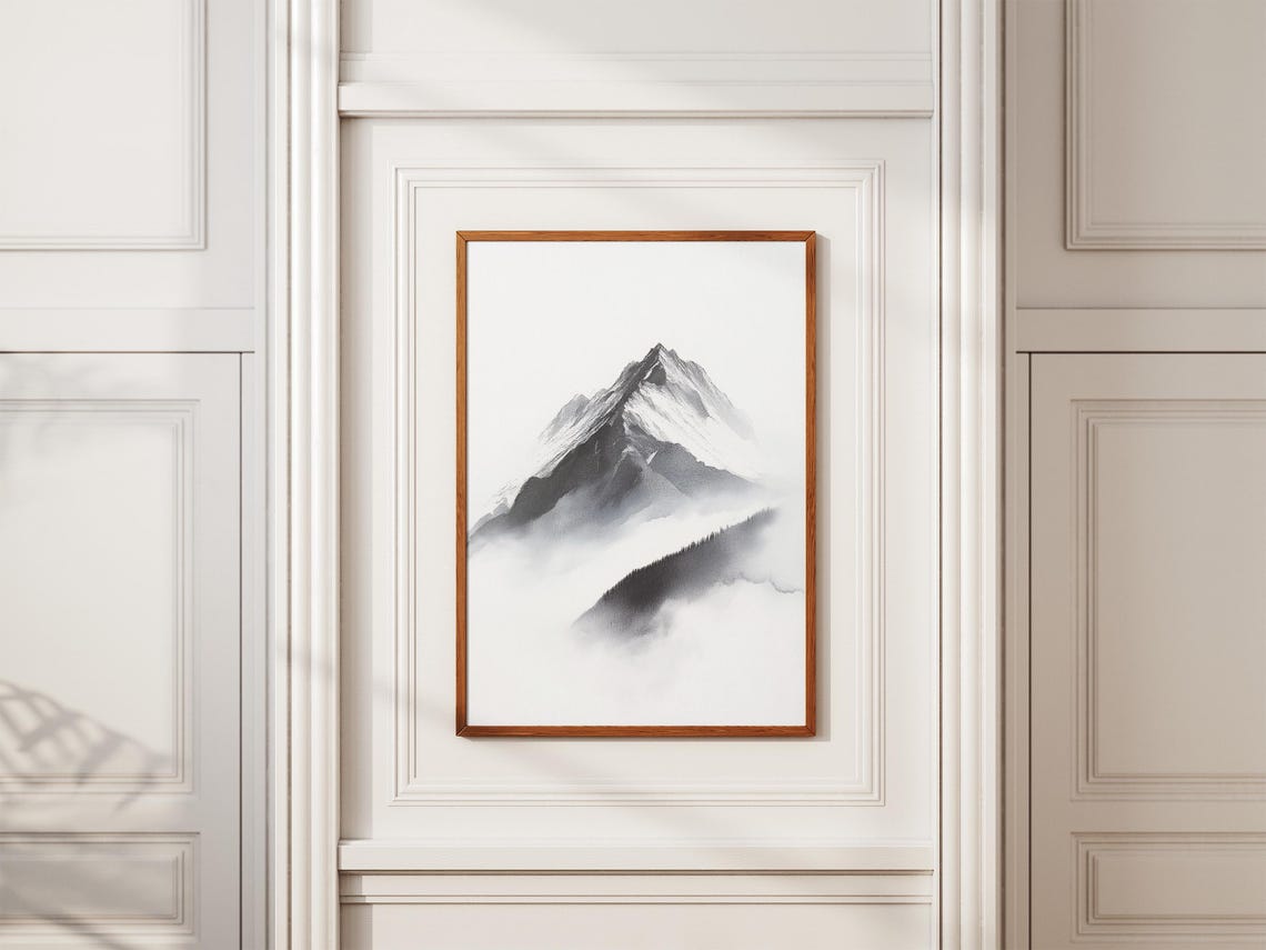 Black White Watercolor Mountain Peak Cloud Minimalist Art Poster - Image 2