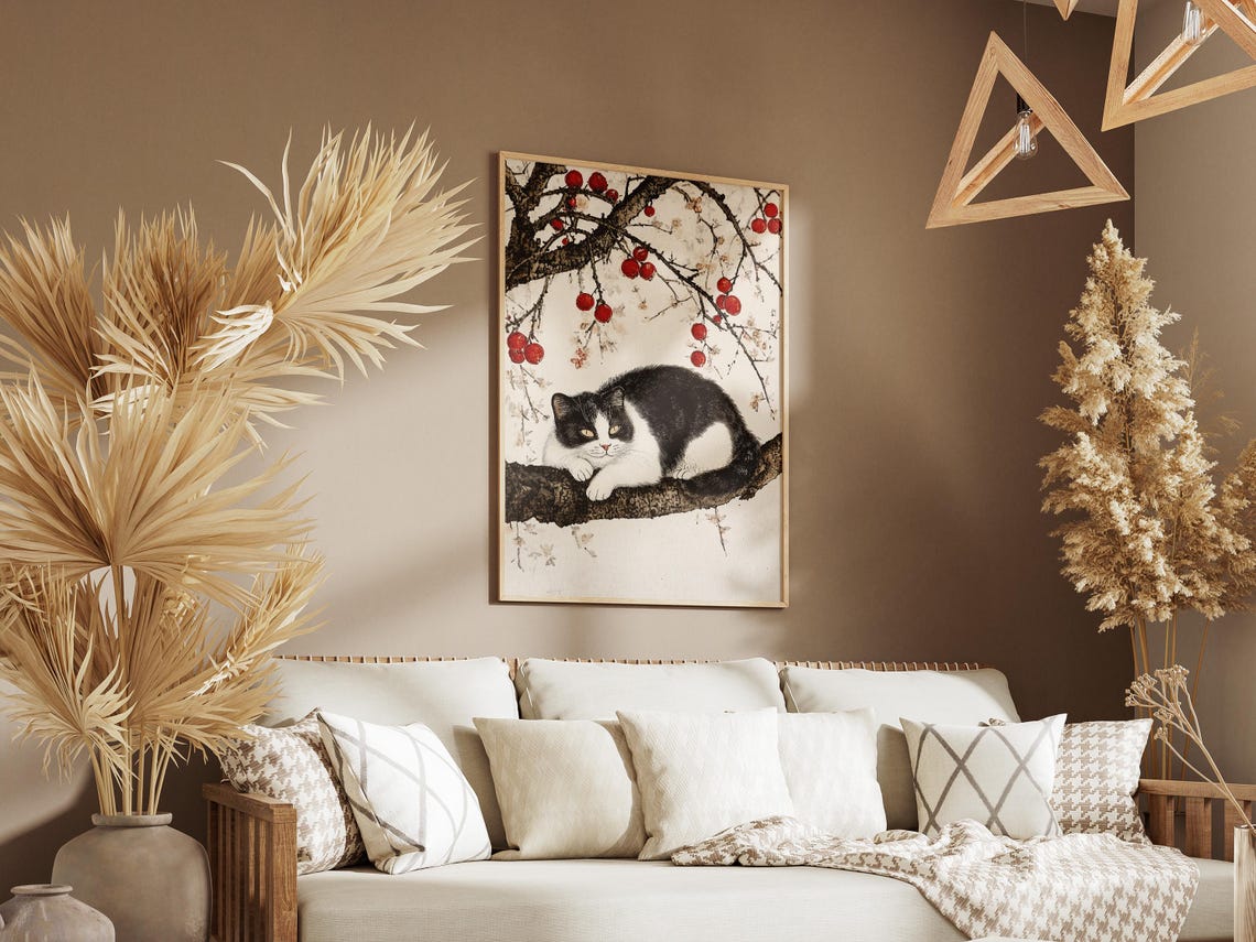 Black and White Cat on Plum Branch Japanese Ink Style Art Poster - Image 3