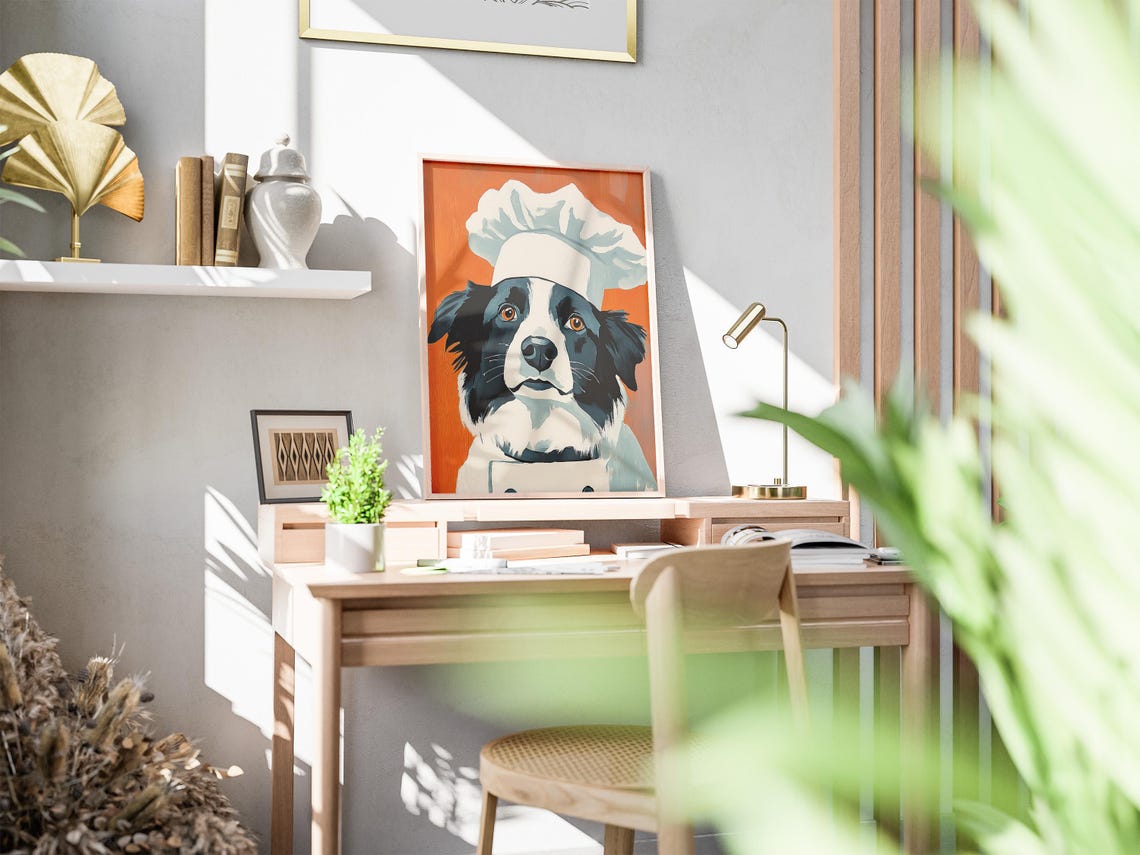 Border Collie Chef Whimsical Dog Portrait Orange Kitchen Poster - Image 2