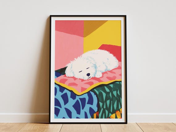 Maltese Dog Sleeping In Bed Matisse Style Art Print Cute Puppy Wall Abstract Pet Portrait Colorful Lover Gift Modern Nursery Decor