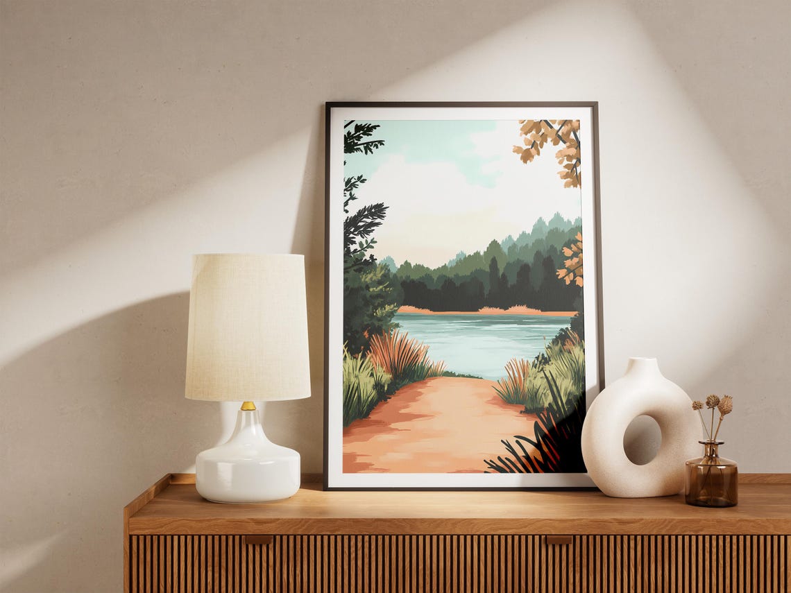 Peaceful Lake Path Through Autumn Reeds and Woodland Art Poster - Image 5