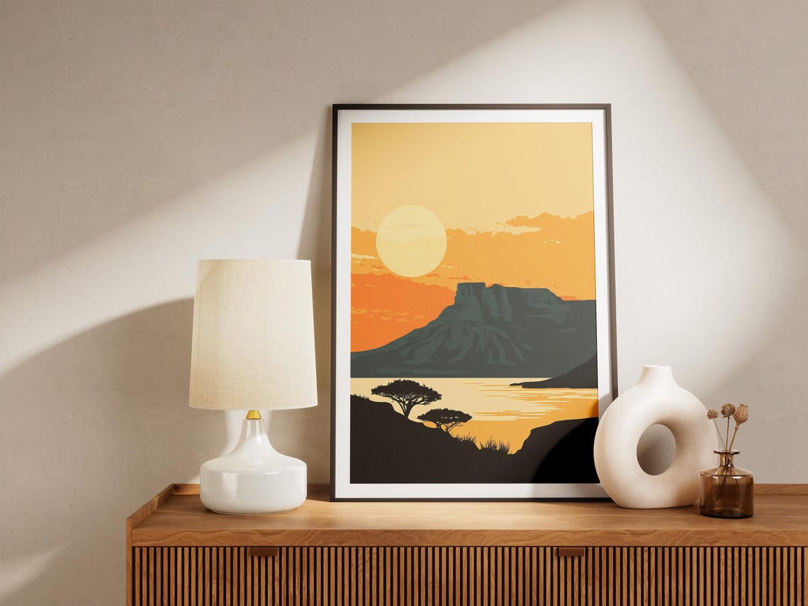 Table Mountain Golden Sunset Silhouette Travel Art Poster Scenic - Image 5