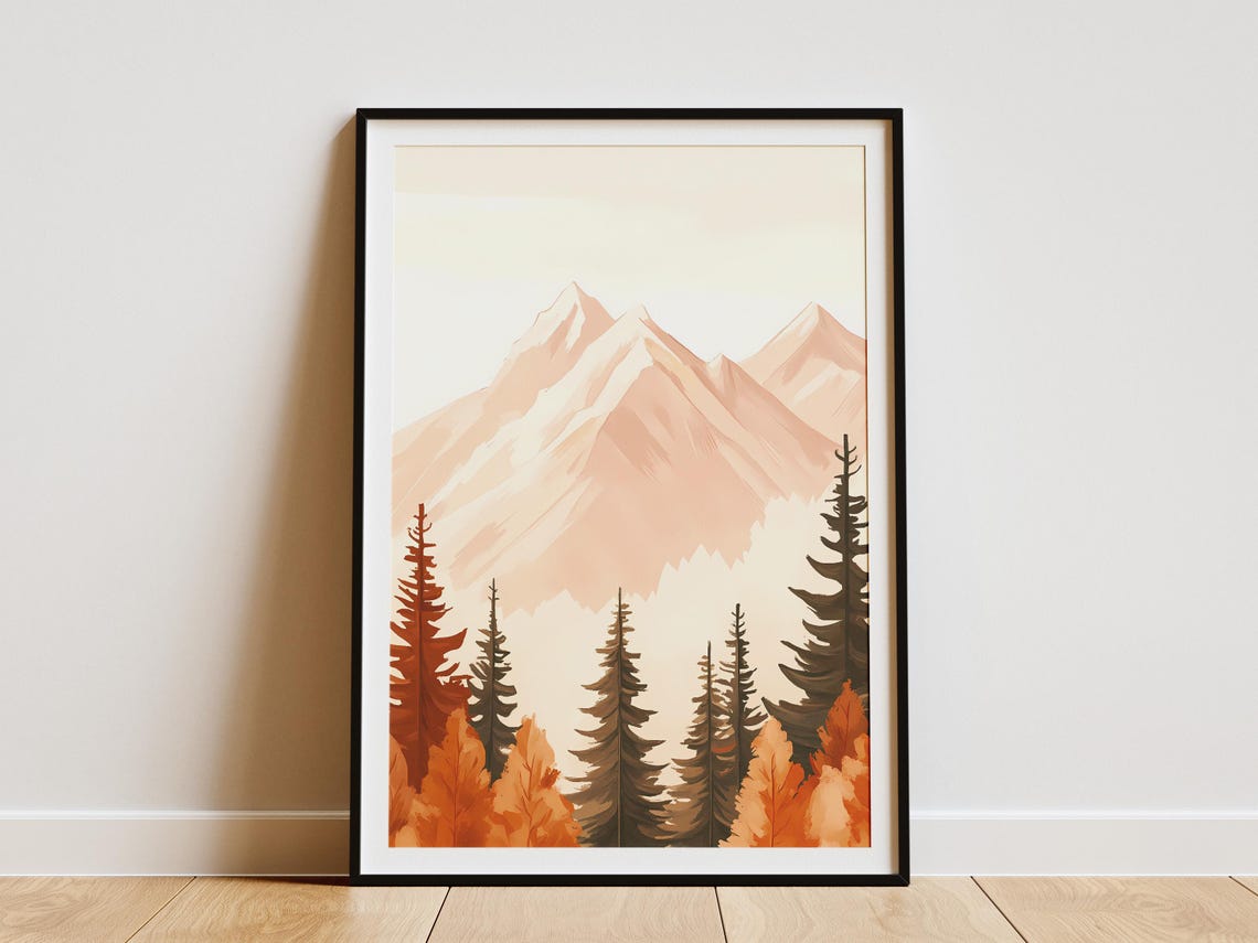 Pastel Pink Mountain Peaks Autumn Pines Minimalist Style Poster