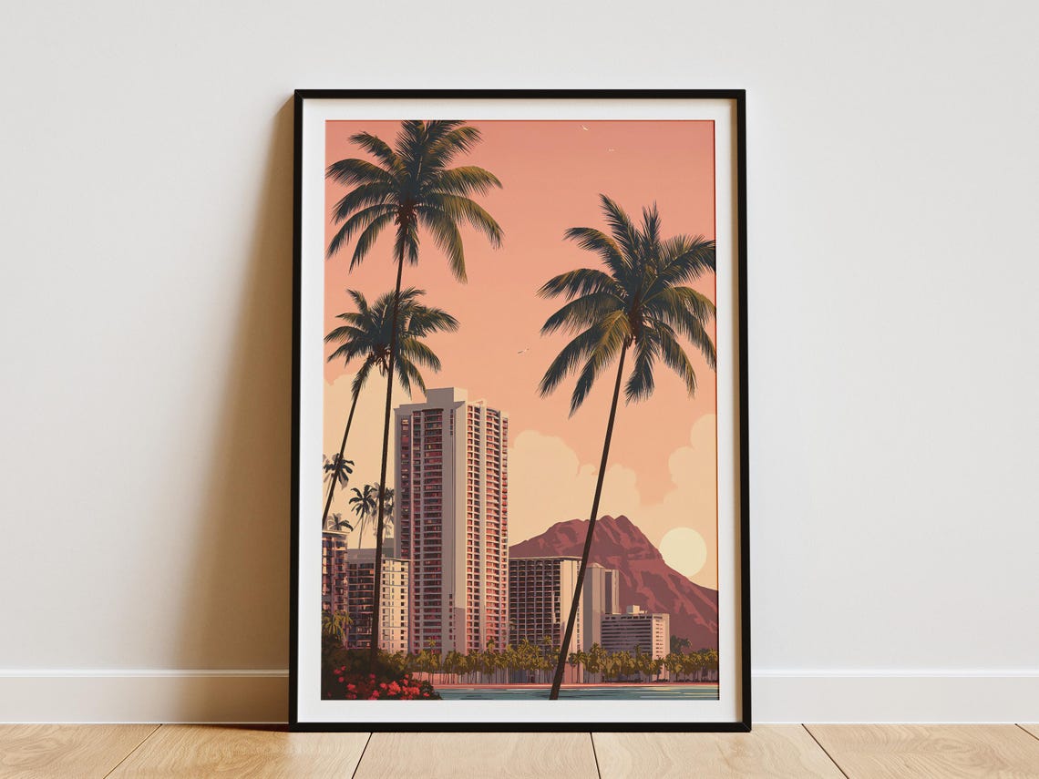 Waikiki Skyline Sunset Diamond Head Palm Trees Beach Art Poster