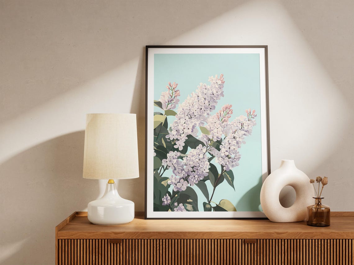 White Lilac Bouquet Pale Blue Sky Minimalist Floral Art Poster - Image 5