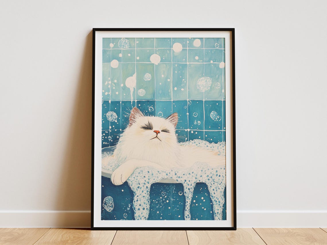 Ragdoll Cat In Bathtub Poster Bathroom Art Print Funny Lover Gift Pet Portrait Whimsical Decor Soapy Water