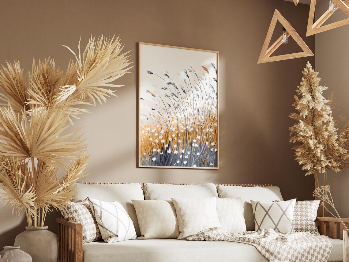 Minimalist White Wildflower Watercolor Poster in Blue and Gold - Image 3
