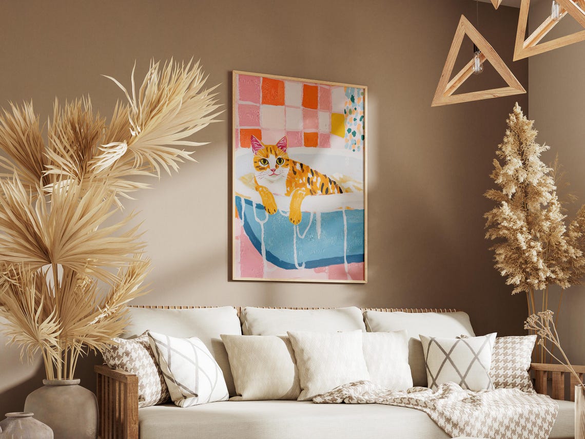 Savannah Cat Bubble Bath Colorful Pink Orange Tile Art Poster - Image 3
